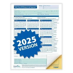 Hr Forms*ComplyRight 2025 Time Off Request and Approval Form, 2-Part, 50 Forms/Pack (A0030)