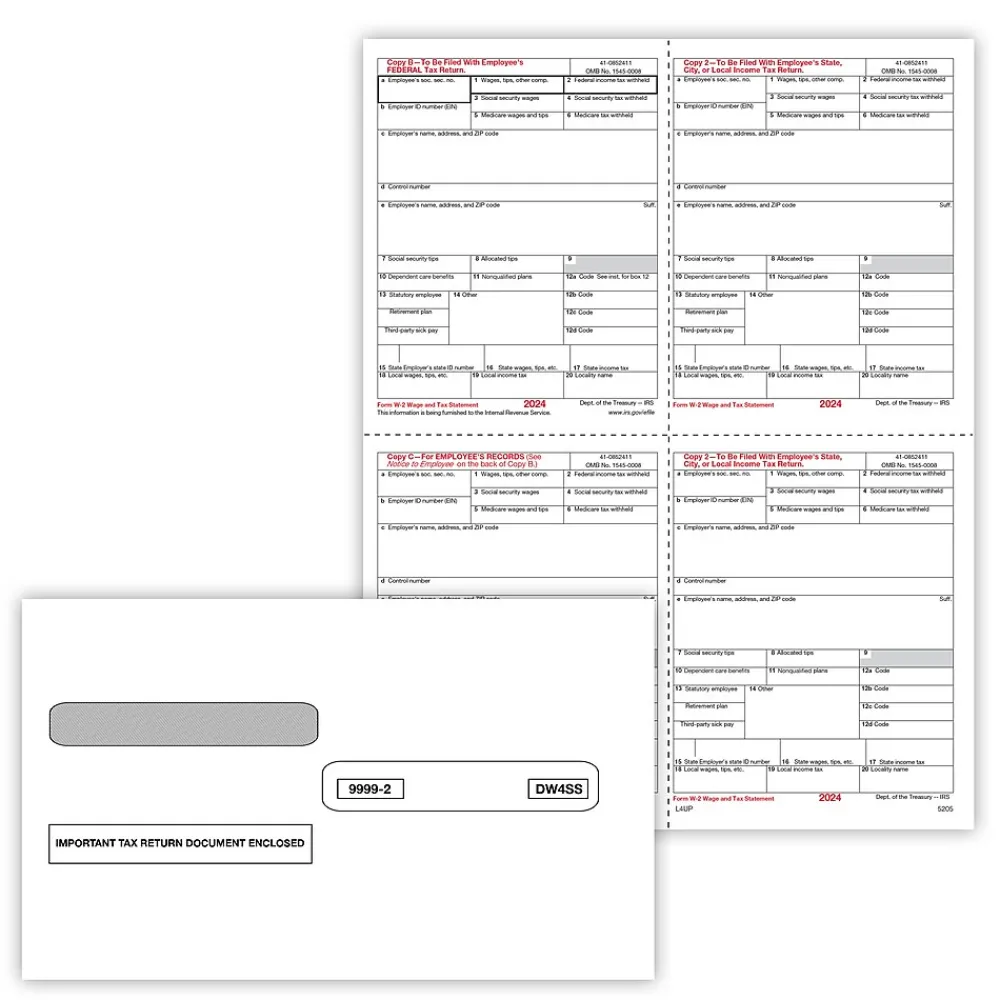 Tax Forms*ComplyRight 2024 W-2 Tax Form Envelopes/Recipient Copy Only, 1-Part, 4-Up, Copy B, C, 2 and 2 combined, 25/Pack (5205E25)