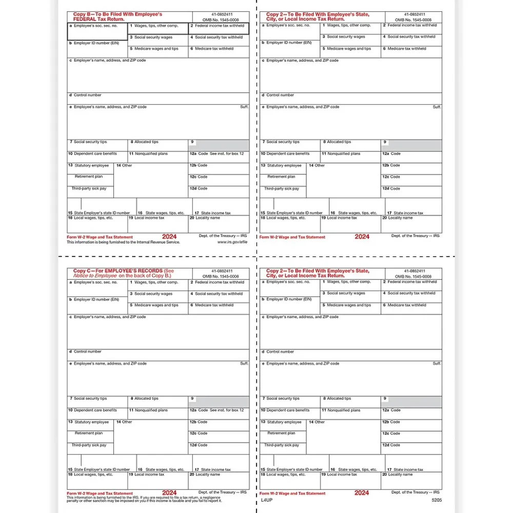Tax Forms*ComplyRight 2024 W-2 Tax Form, 1-Part, 4-Up, Copy B, C, 2, 2, 100/Pack (5205)