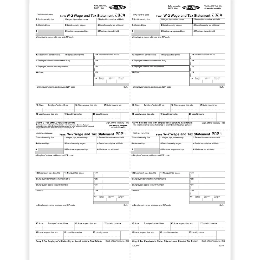 Tax Forms*ComplyRight 2024 W-2 Tax Form, 1-Part, 4-Up, 50/Pack (521650)