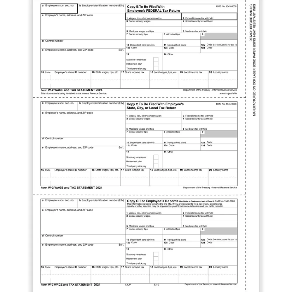 Tax Forms*ComplyRight 2024 W-2 Tax Form, 1-Part, 3-Up, Employee Copy B, C, and 2, 50/Pack (521050)