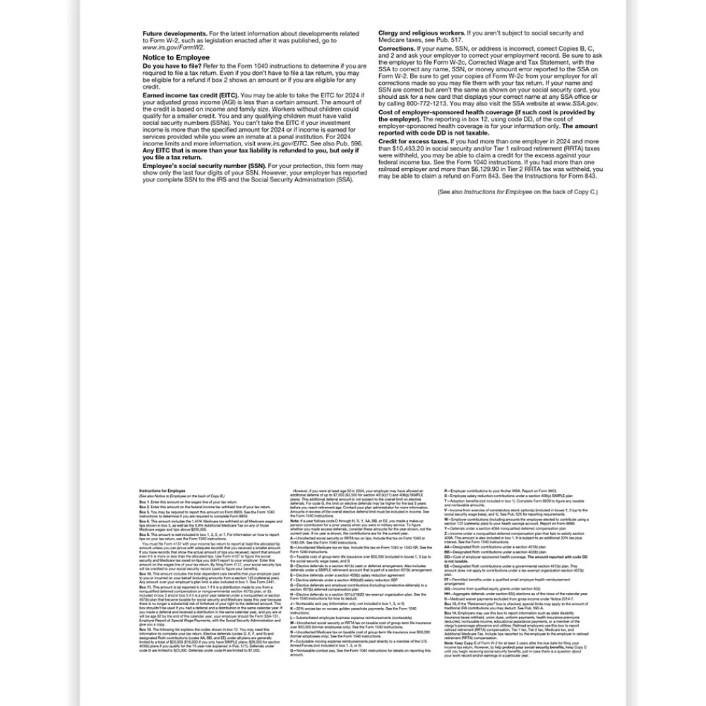 Tax Forms*ComplyRight 2024 W-2 Tax Form, 1-Part, 3-Up, Employee Copy B, C, and 2, 50/Pack (521050)