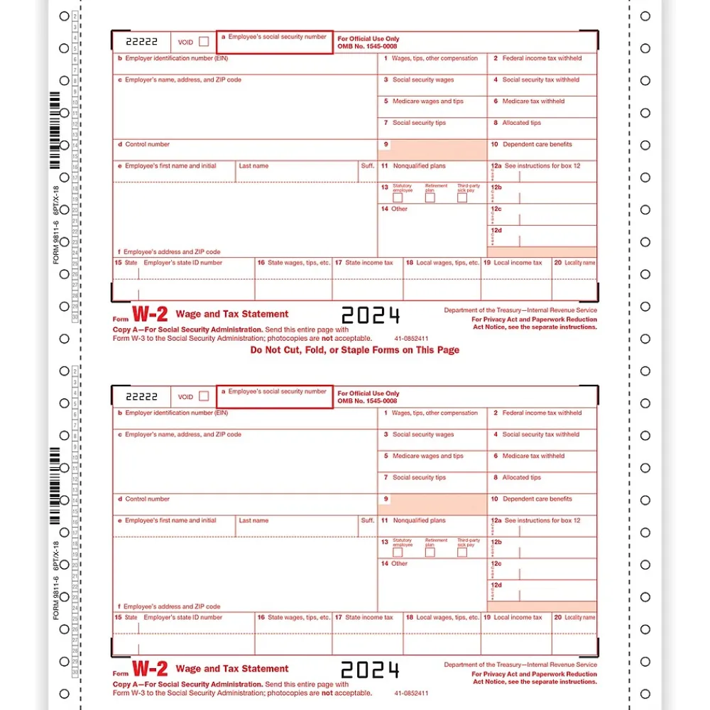 Tax Forms*ComplyRight 2024 W-2 Tax Form, 6-Part, 2-Up, Employer Copy A, 1/D, B, C, 2, 1/D, 25/Pack (9811625)