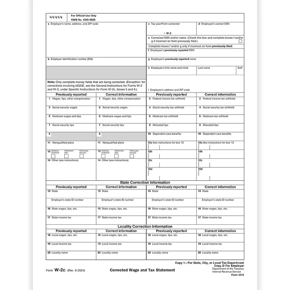 Tax Forms*ComplyRight 2024 W-2C Tax Form, 1-Part, Copy 1/D, 50/Pack (531550)