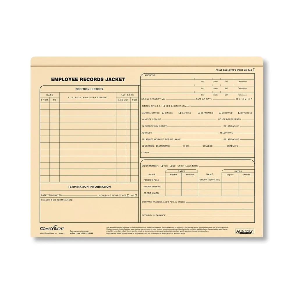 Hr Forms*ComplyRight ™ Employee Records Folder, Letter Size, Pack of 25 (A5001)