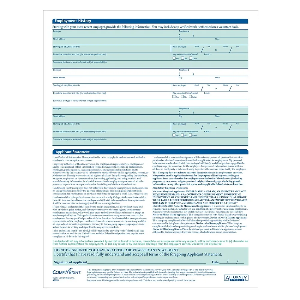 Hr Forms*ComplyRight ™ 50-State Job Application - Short Form, Pack of 50 (AR0374)