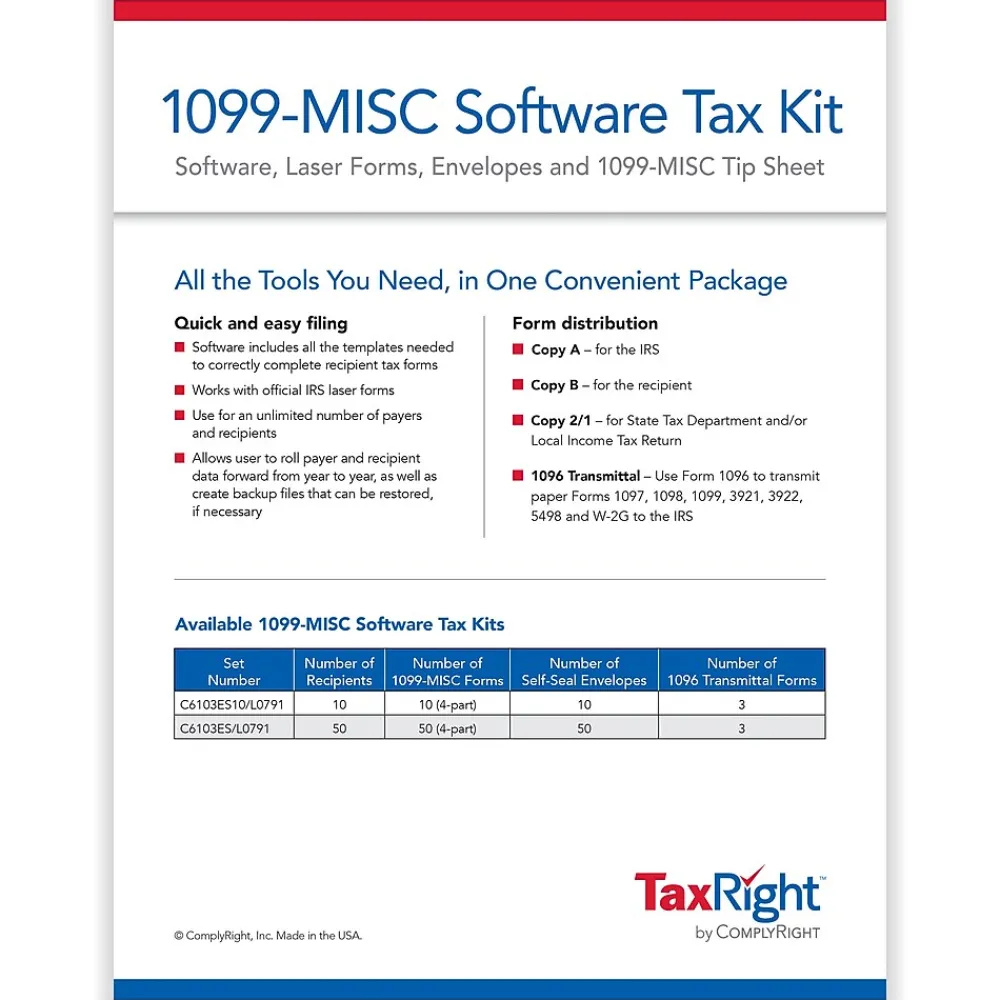 Tax Forms*ComplyRight TaxRight 2024 1099-MISC Tax Form Tax Forms, Envelopes, TipSheet & Software, 4-Part, 50/Pack (SC6103ES)