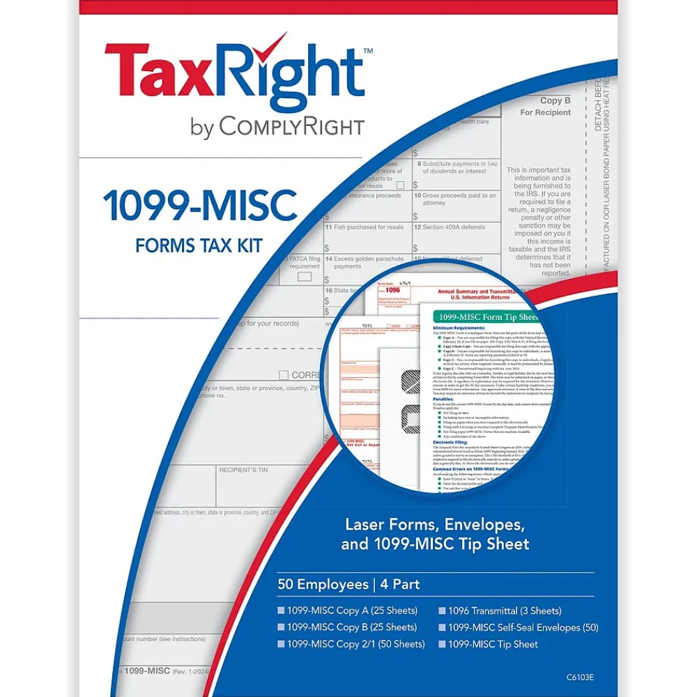 Tax Forms*ComplyRight TaxRight 2024 1099-MISC Tax Form Tax Form Set with Envelopes, 4-Part, 50/Pack (SC6103E)