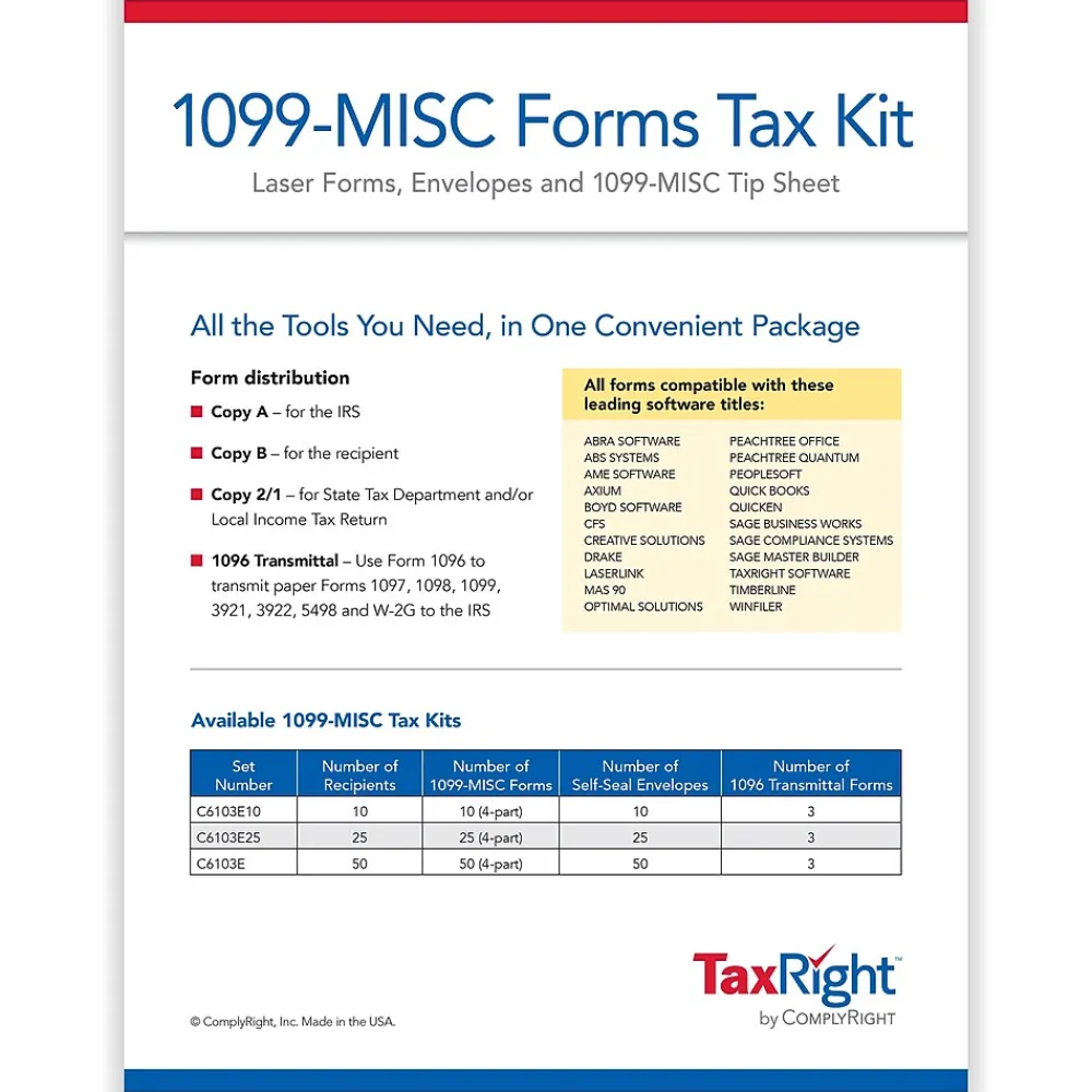 Tax Forms*ComplyRight TaxRight 2024 1099-MISC Tax Form Tax Form Set with Envelopes, 4-Part, 50/Pack (SC6103E)