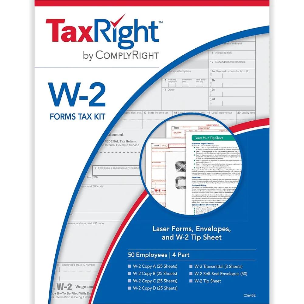 Tax Forms*ComplyRight TaxRight 2024 W-2 Tax Form Tax Form Set with Envelopes, 4-Part, 50/Pack (SC5645E)