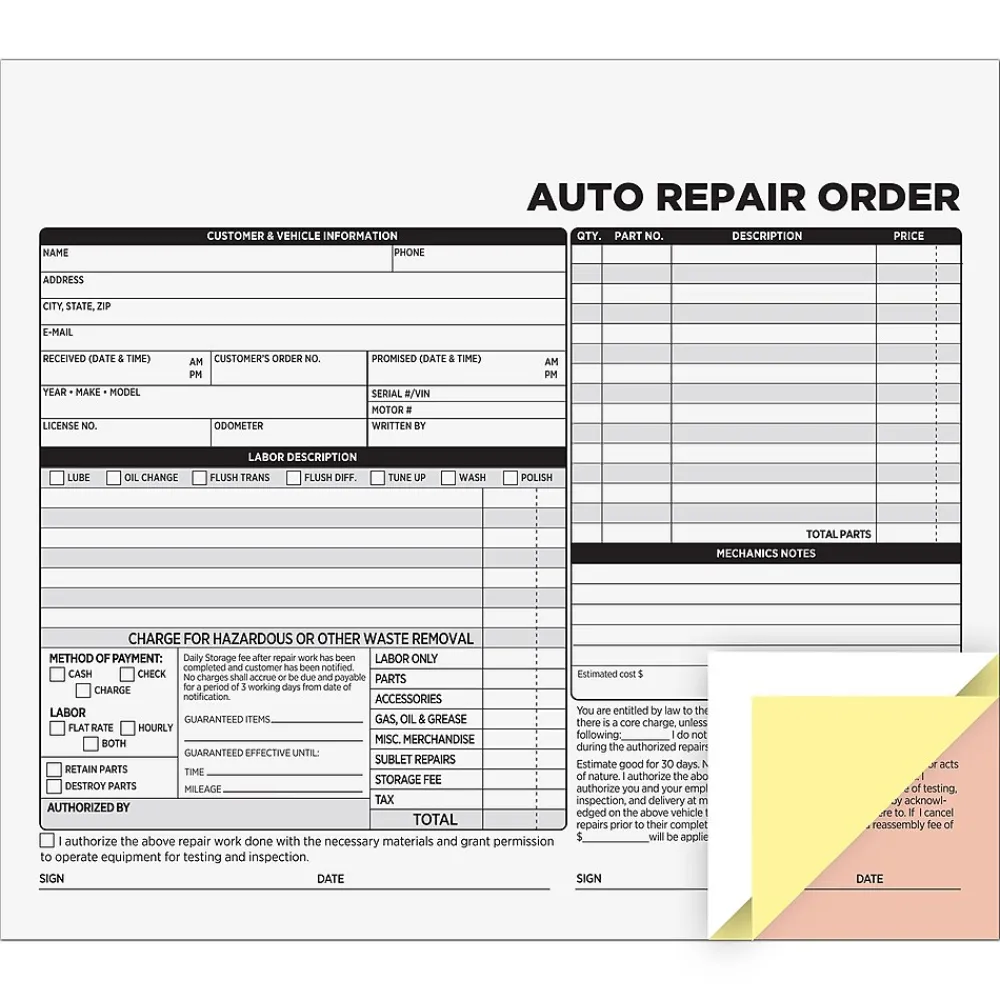 Business Forms*Cosco 3-Part Carbonless Auto Repair Order, 8.5" x 7.5", 50 Sets/Book (074035PK2)