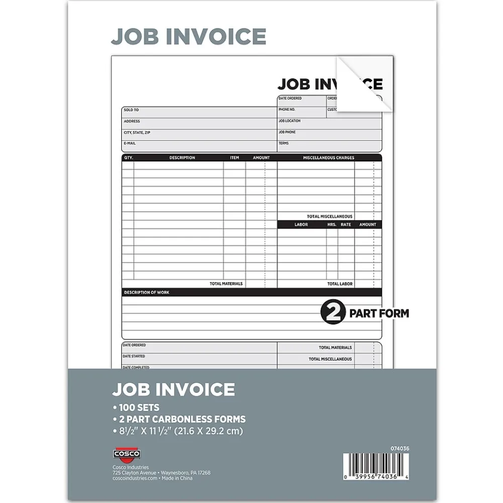 Business Forms*Cosco 2-Part Carbonless Job Invoice, 8.5" x 11.5", 100 Sets/Book (074036PK5)