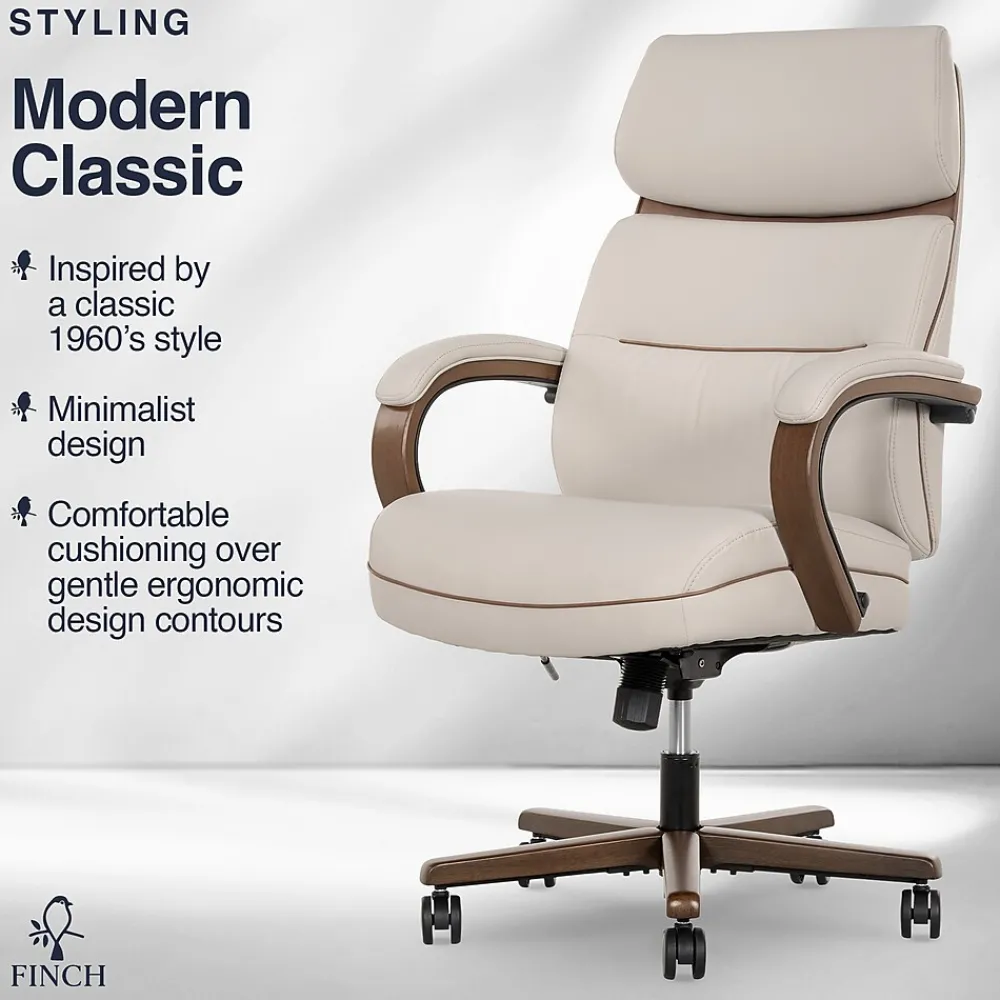 Office Chairs*Finch NEO TWO Ergonomic Vegan Leather/Wood Swivel Executive Chair, Cream (52373-CRM)
