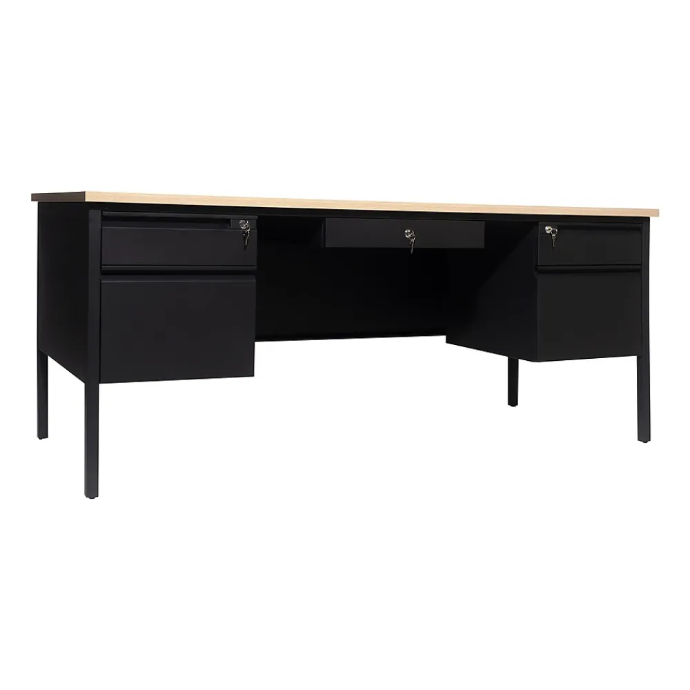 Office Desks*Flash Furniture Cambridge 70"W Double Pedestal Desk, (GCMBLK180WOK) White Oak/Black