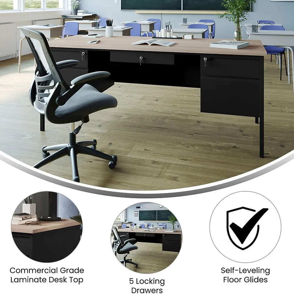 Office Desks*Flash Furniture Cambridge 70"W Double Pedestal Desk, (GCMBLK180WOK) White Oak/Black