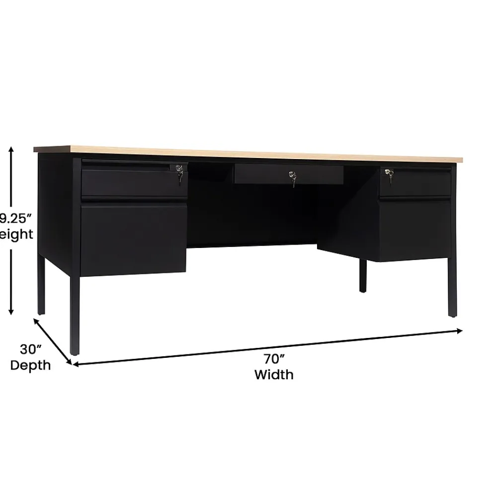 Office Desks*Flash Furniture Cambridge 70"W Double Pedestal Desk, (GCMBLK180WOK) White Oak/Black