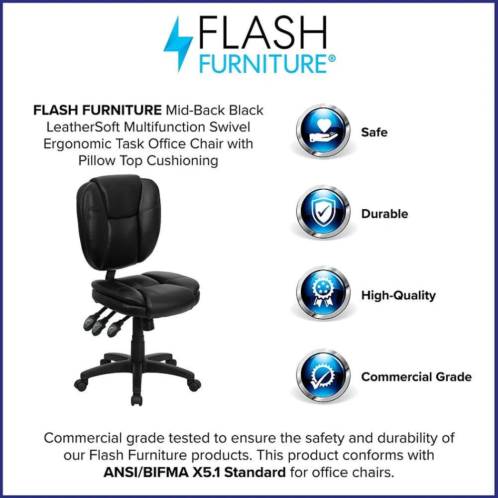 Office Chairs*Flash Furniture Caroline Armless Ergonomic LeatherSoft Swivel Mid-Back Multifunction Task Office Chair, Black (GO930FBKLEA)