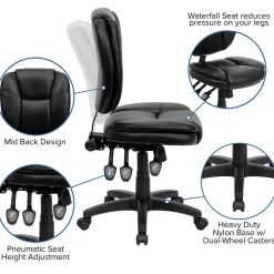 Office Chairs*Flash Furniture Caroline Armless Ergonomic LeatherSoft Swivel Mid-Back Multifunction Task Office Chair, Black (GO930FBKLEA)
