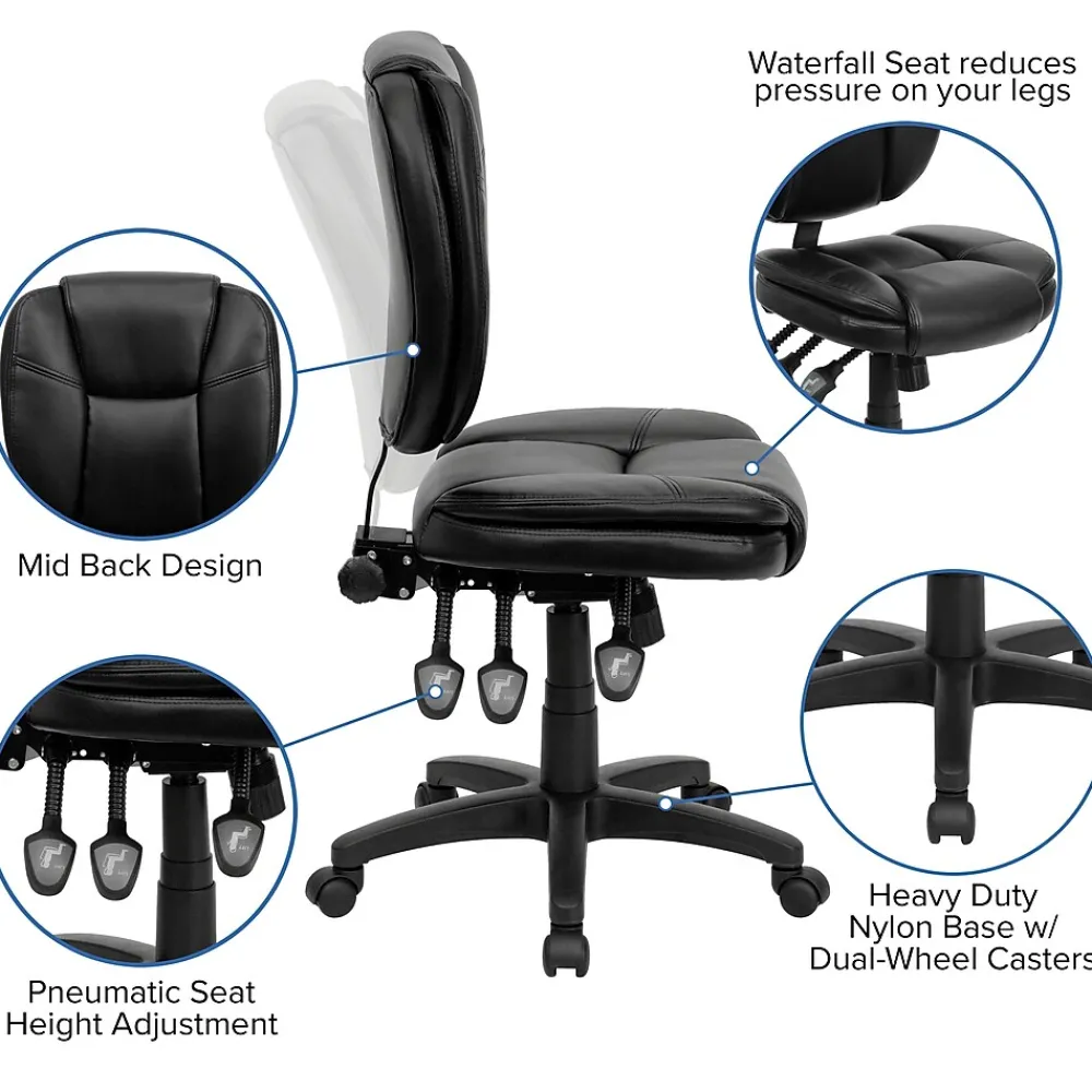 Office Chairs*Flash Furniture Caroline Armless Ergonomic LeatherSoft Swivel Mid-Back Multifunction Task Office Chair, Black (GO930FBKLEA)
