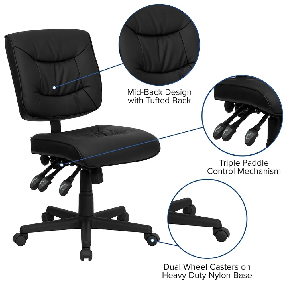 Office Chairs*Flash Furniture Cole Armless Ergonomic LeatherSoft Swivel Mid-Back Task Office Chair, Black (GO1574BK)