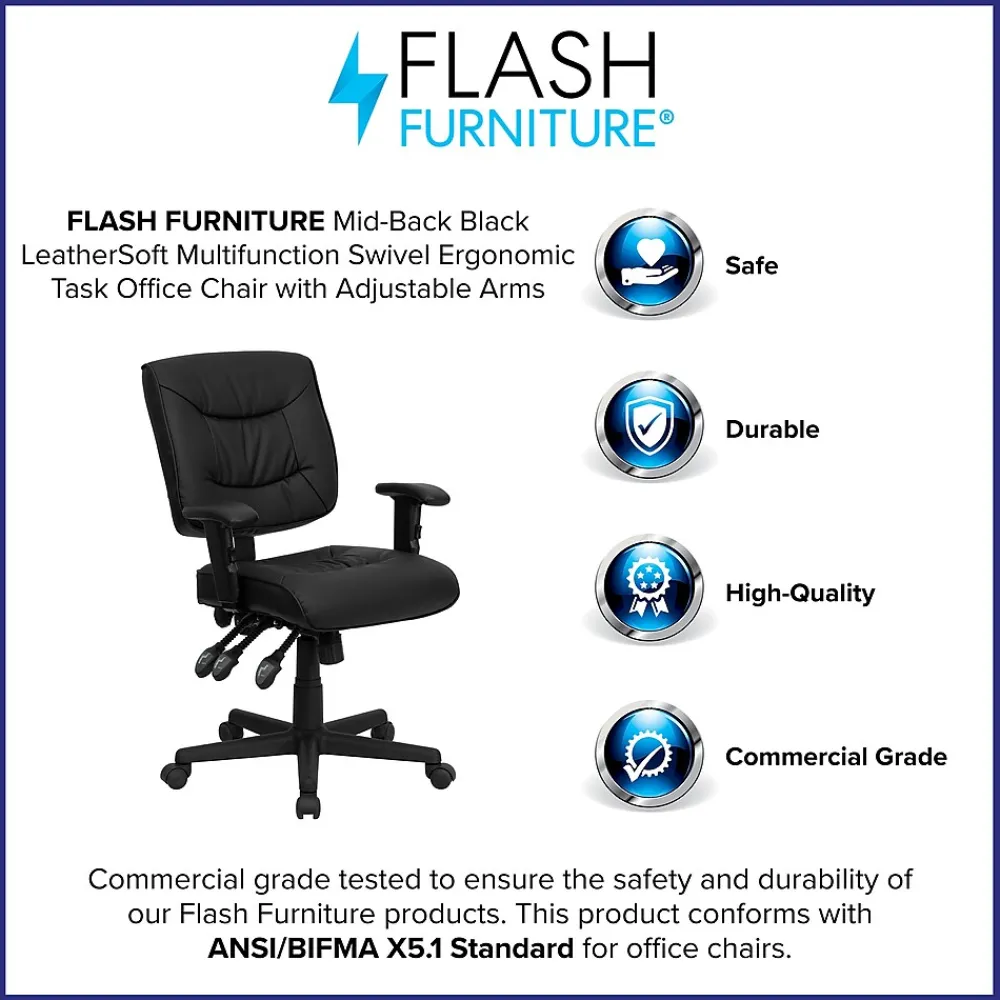 Office Chairs*Flash Furniture Cole Ergonomic LeatherSoft Swivel Mid-Back Task Office Chair, Black (GO1574BKA)