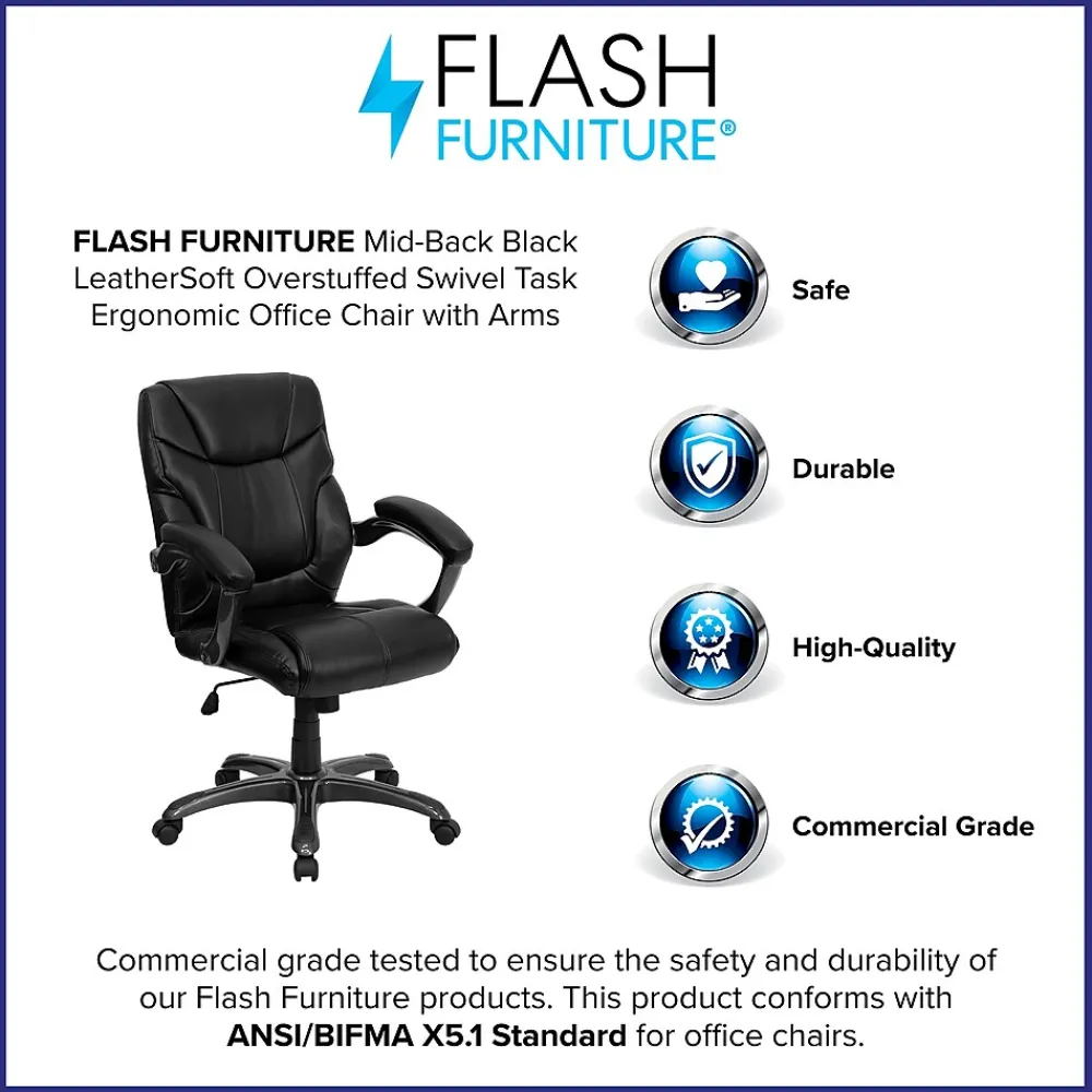 Office Chairs*Flash Furniture Megan Ergonomic LeatherSoft Swivel Mid-Back Overstuffed Task Office Chair, Black (GO724MBKLEA)