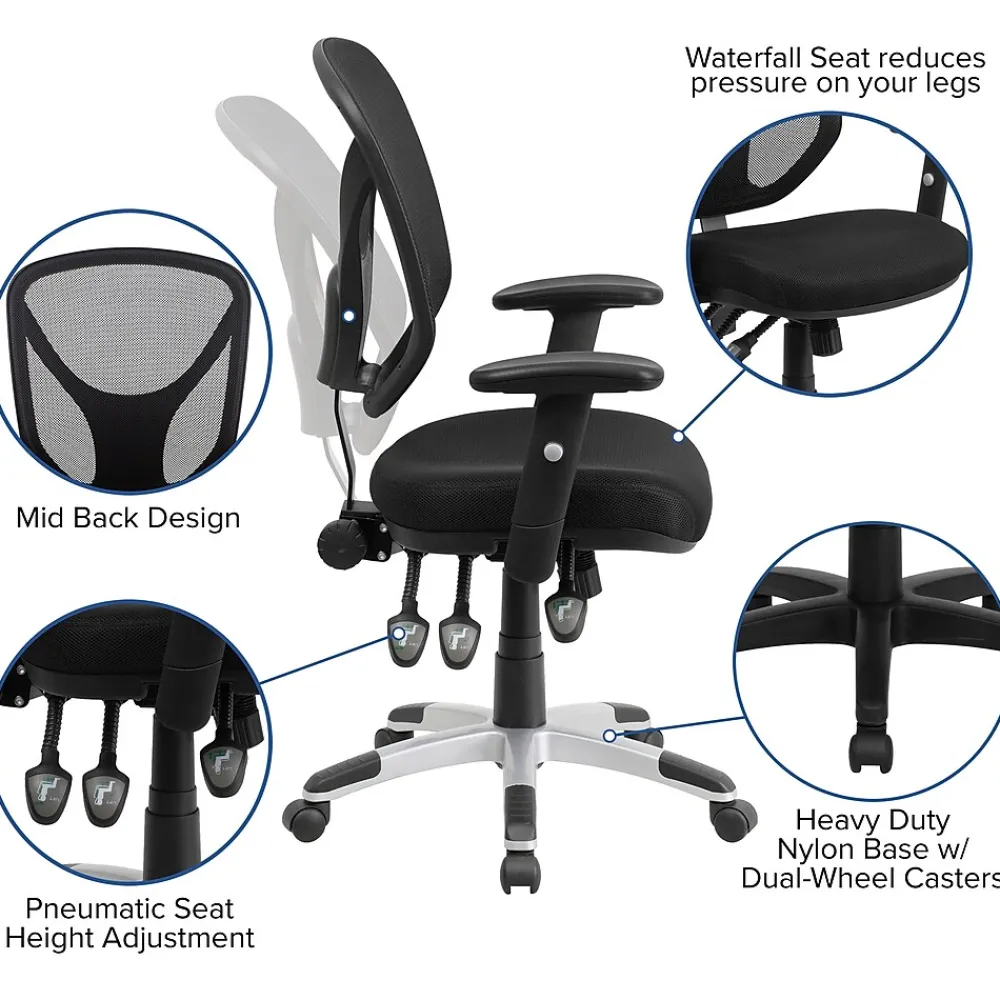 Office Chairs*Flash Furniture Sam Ergonomic Mesh Swivel Mid-Back Multifunction Task Office Chair, Black (GOWY89)