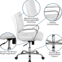 Office Chairs*Flash Furniture Whitney Ergonomic LeatherSoft Swivel Mid-Back Executive Office Chair, White/Chrome (GO2286MWH)