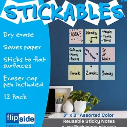 Dry Erase*Flipside Products Dry Erase Stickables with Dry Erase Marker, Assorted Pastel Colors, 3" x 3", 12 Per Pack, 3 Packs (FLP94433-3)