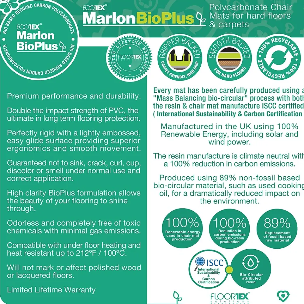 Chair Mats*Floortex Ecotex BioPlus Hard Floor Chair Mat, 45" x 53", Clear Bio Based Polycarbonate (NRCMFLBS0003)