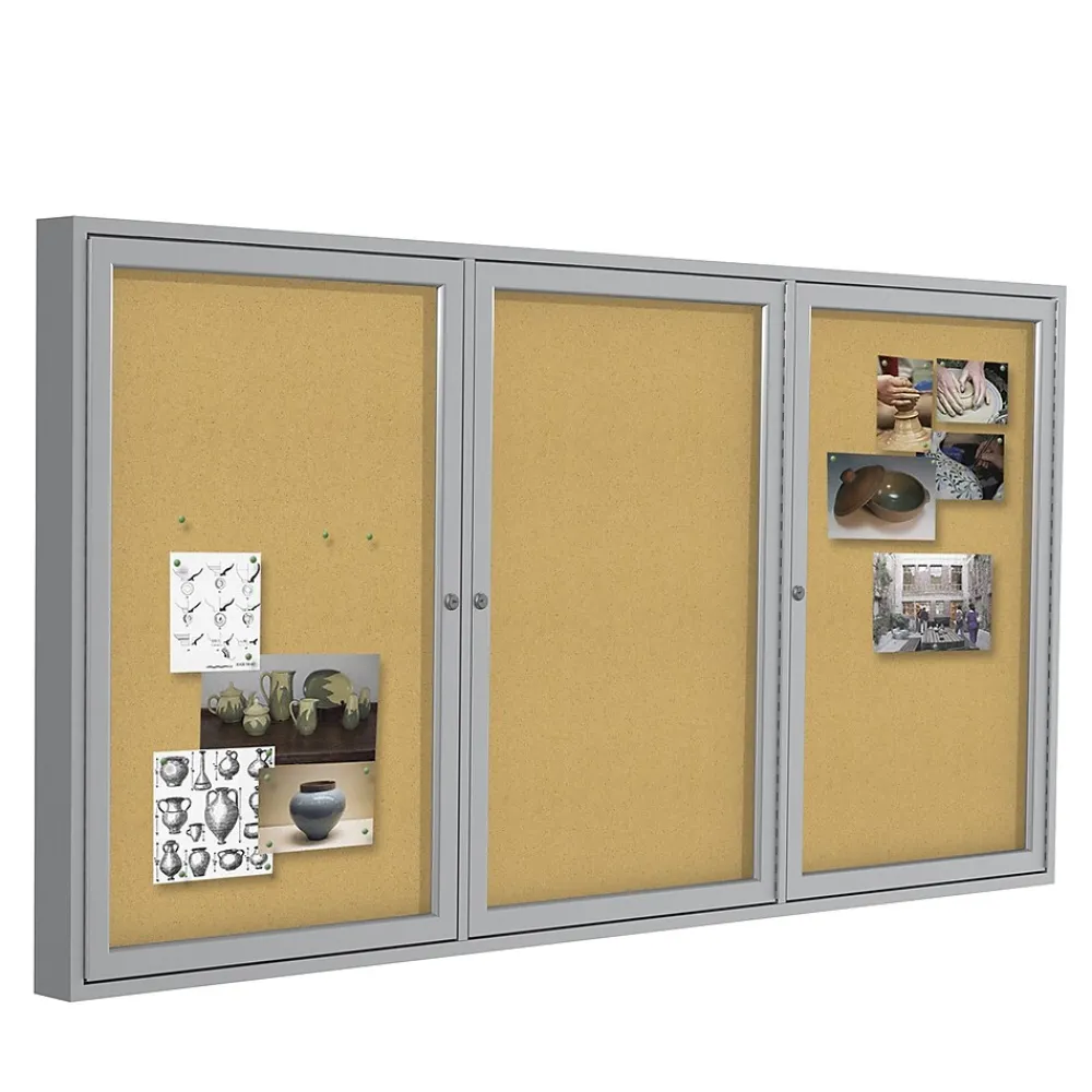 Bulletin*Ghent 4' H x 6' W Enclosed Natural Cork Bulletin Board with Satin Frame, 3 Door (PA34872K)