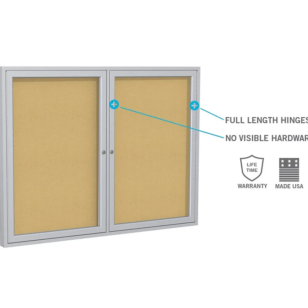 Bulletin*Ghent 4' H x 6' W Enclosed Natural Cork Bulletin Board with Satin Frame, 3 Door (PA34872K)