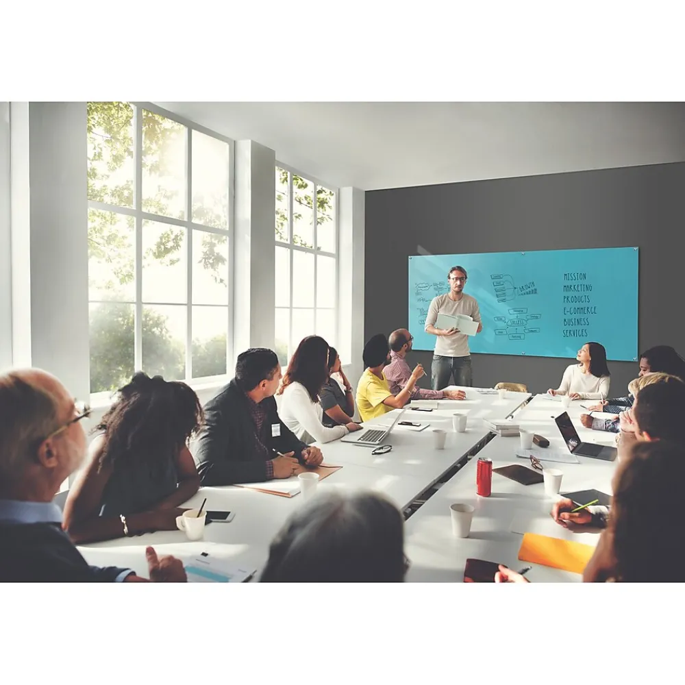 Dry Erase*Ghent Harmony 4'H x 8'W Magnetic Glass Whiteboard with Square Corners, Blue (HMYSM48BE)