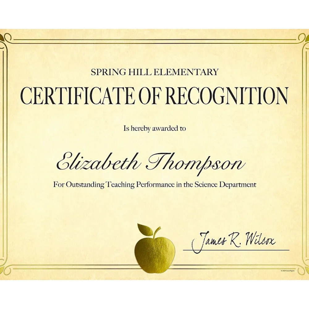 Awards & Certificates*Great Papers Bright Apple Certificates, 8.5" x 11", Yellow/Gold, 15/Pack (2020003)