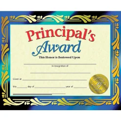 Awards & Certificates*Hayes Publishing Principal's Award Certificate, 8.5" x 11", 30 Per Pack, 3 Packs (H-VA689-3)
