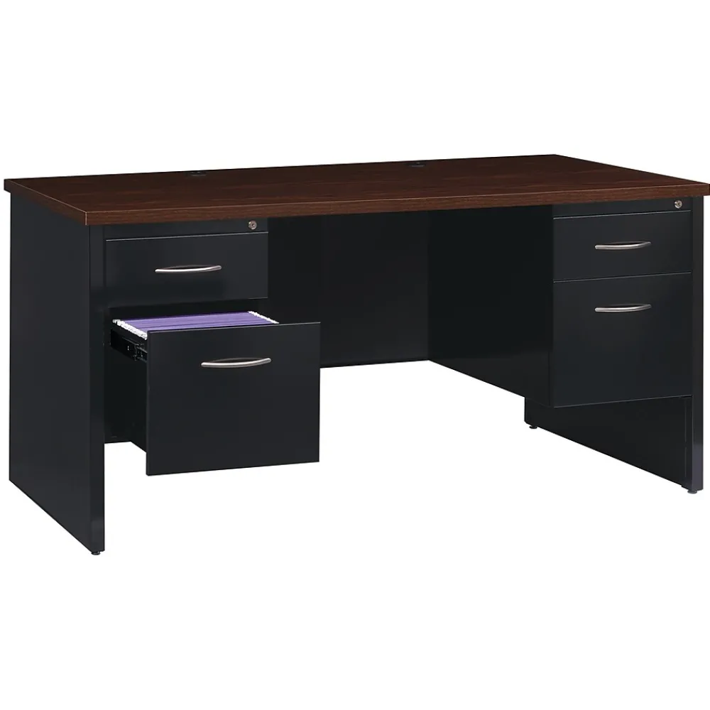 Computer Desks*Hirsh 60"W Double-Pedestal Desk, Black/Walnut (20533)