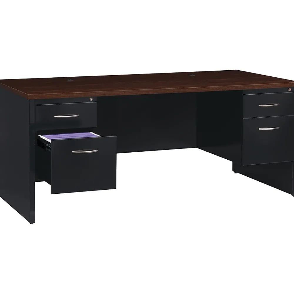 Computer Desks*Hirsh 72"W Double-Pedestal Desk, Black/Walnut (20531)