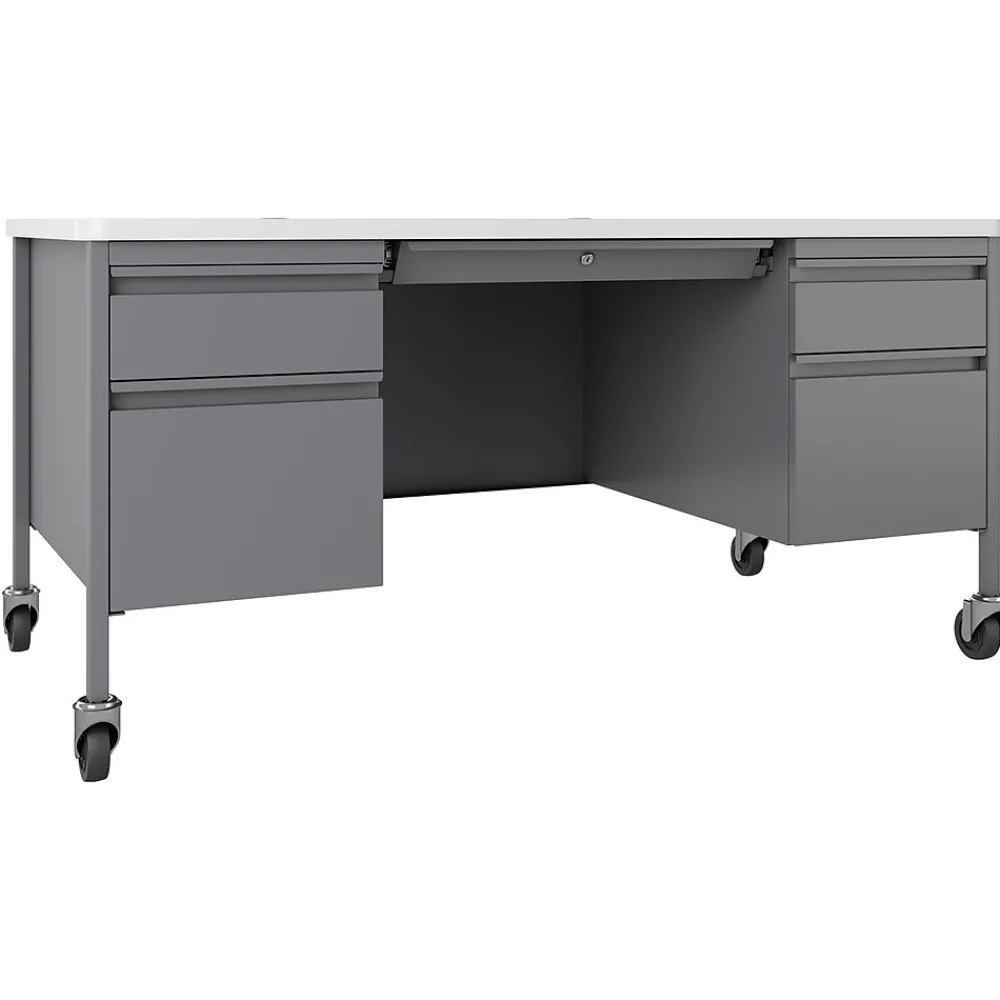 Computer Desks*Hirsh 60"W Double-Pedestal Mobile Teacher's Desk, Platinum/White (22649)