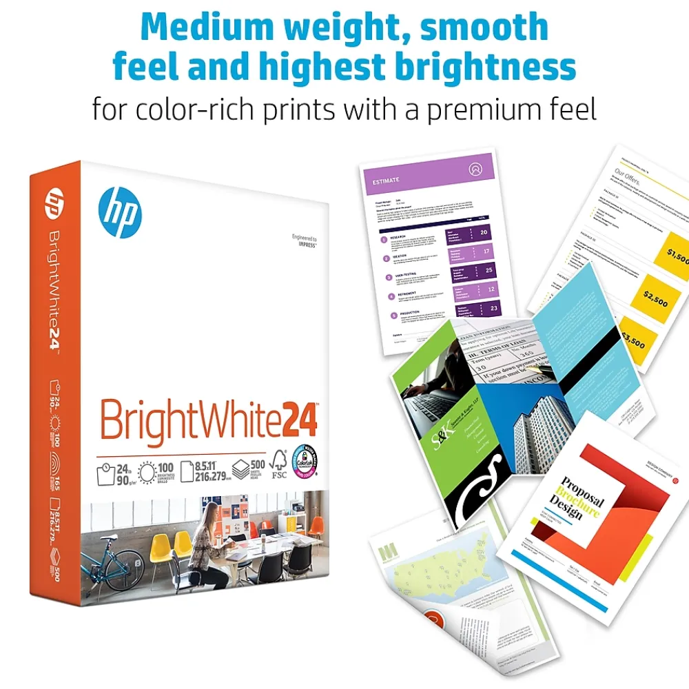 Large Quantity Paper*HP BrightWhite24 8.5" x 11" Inkjet Paper, 24 lbs., 100 Brightness, 500 Sheets/Ream (B1124)