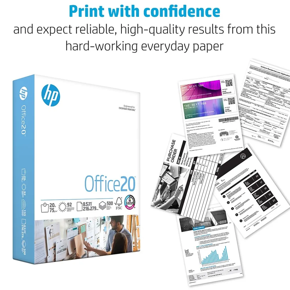 Multipurpose Paper*HP Office20 Multipurpose Paper, 8.5" x 11", 20 lbs., White, 500 Sheets/Ream, 10 Reams/Carton (C8511)