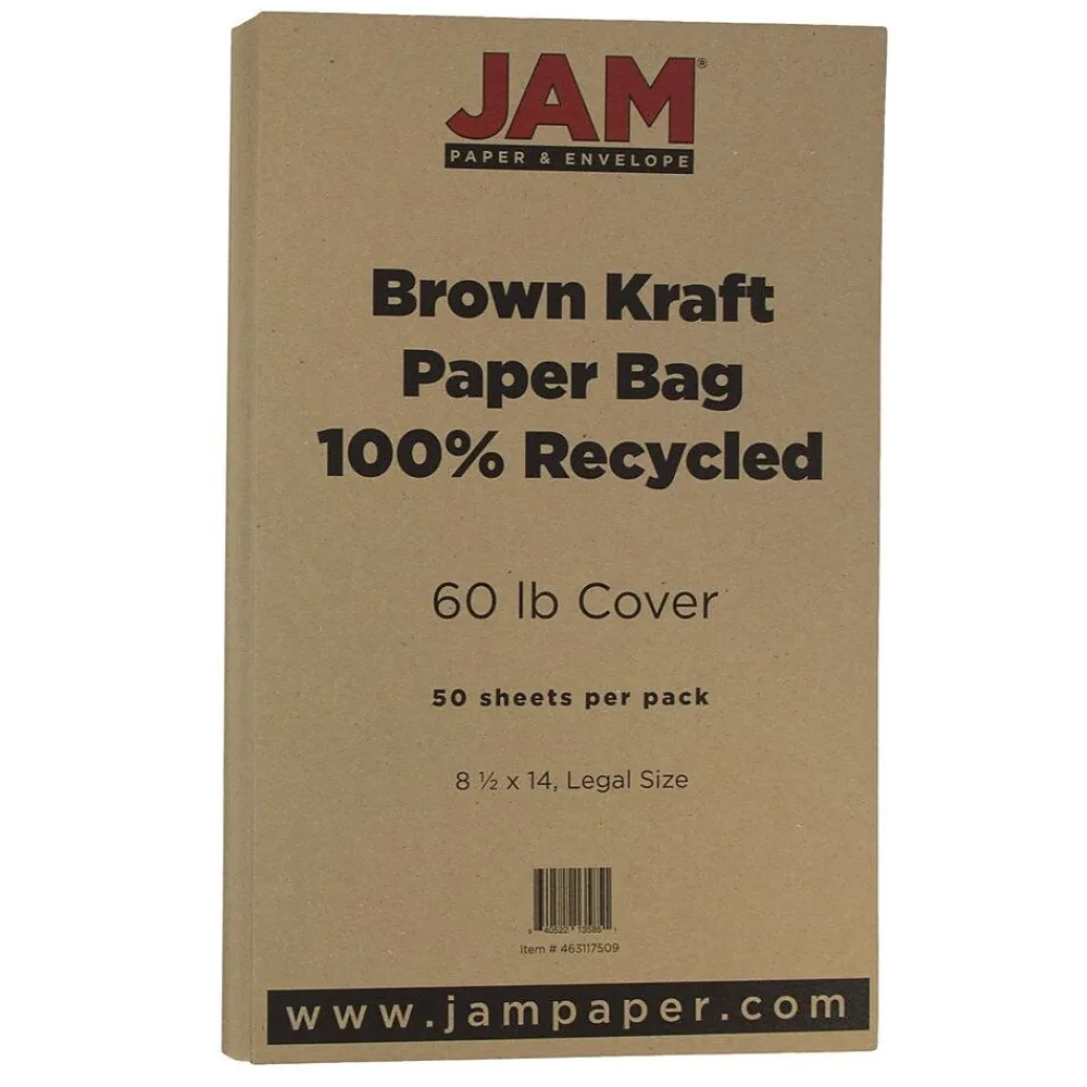 Card Stock*JAM Paper 60 lb. Cardstock Paper, 8.5" x 14", Brown Kraft Paper Bag, 50 Sheets/Pack (463117509)