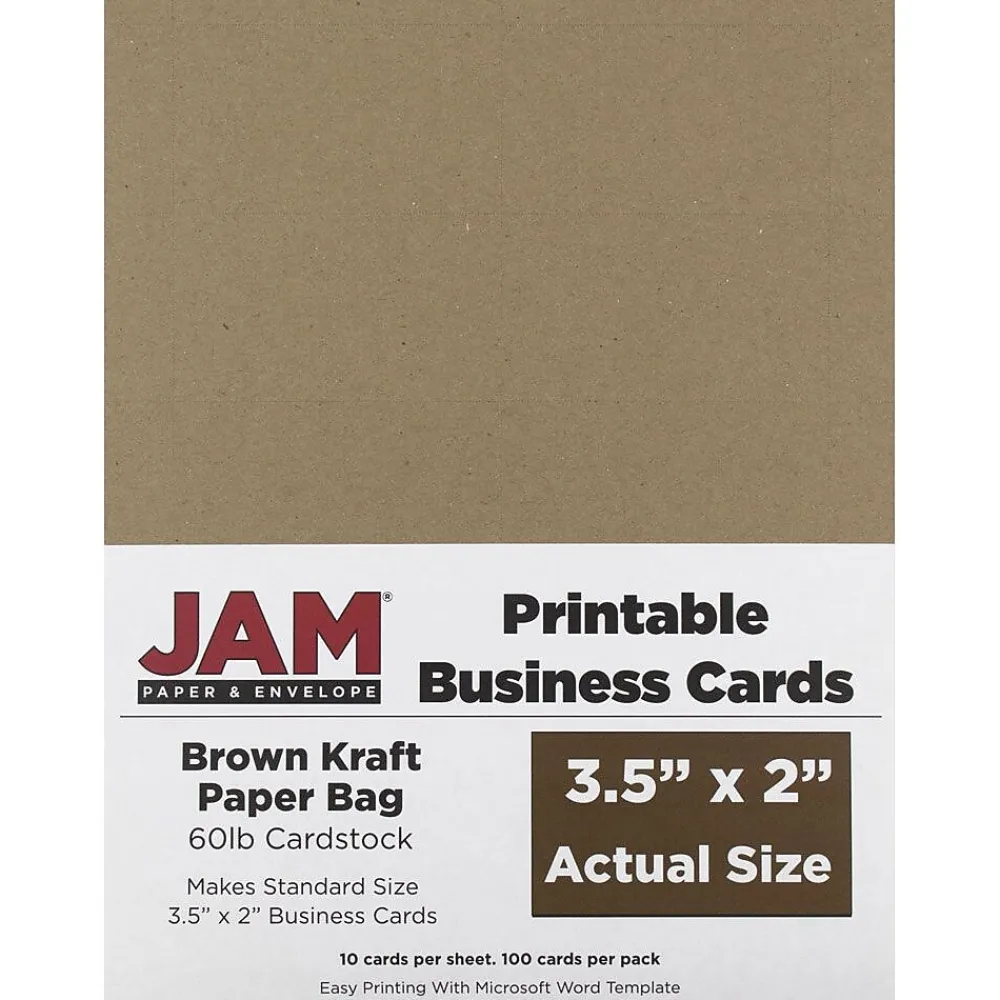 Business Cards*JAM Paper ® Printable Business Cards, 3 1/2 x 2, Brown Kraft Paper Bag Recycled, 100/Pack (22128339)