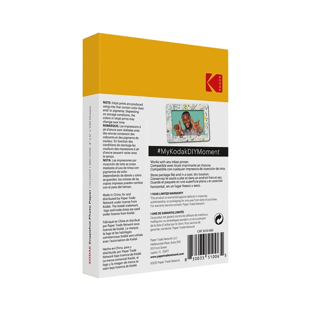 Photo Paper*Kodak Snapshot Glossy Photo Paper, 4" x 6", 100 Sheets/Pack (41305)