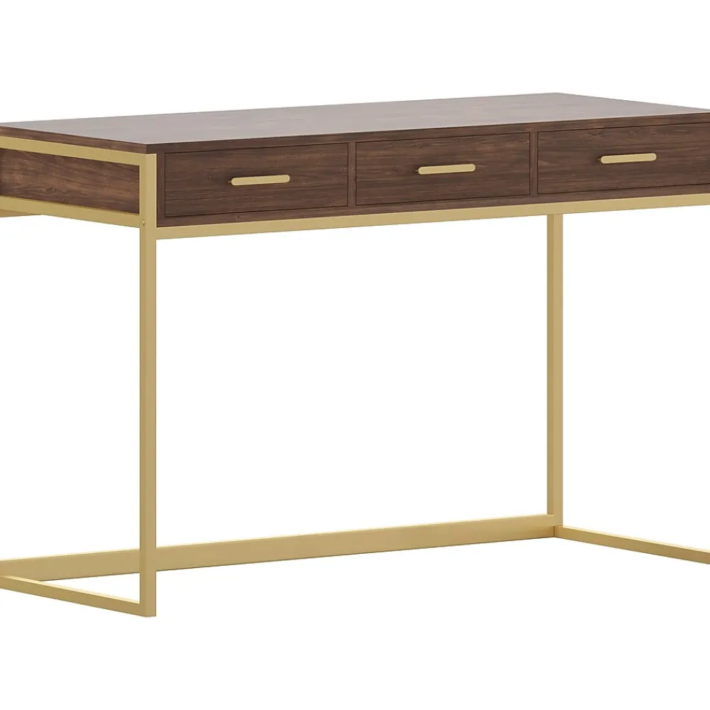 Office Desks*Martha Stewart Ollie 47"W Home Office Desk with 3 Drawers, Walnut/Polished Brass (ZGZP028BRGLD)