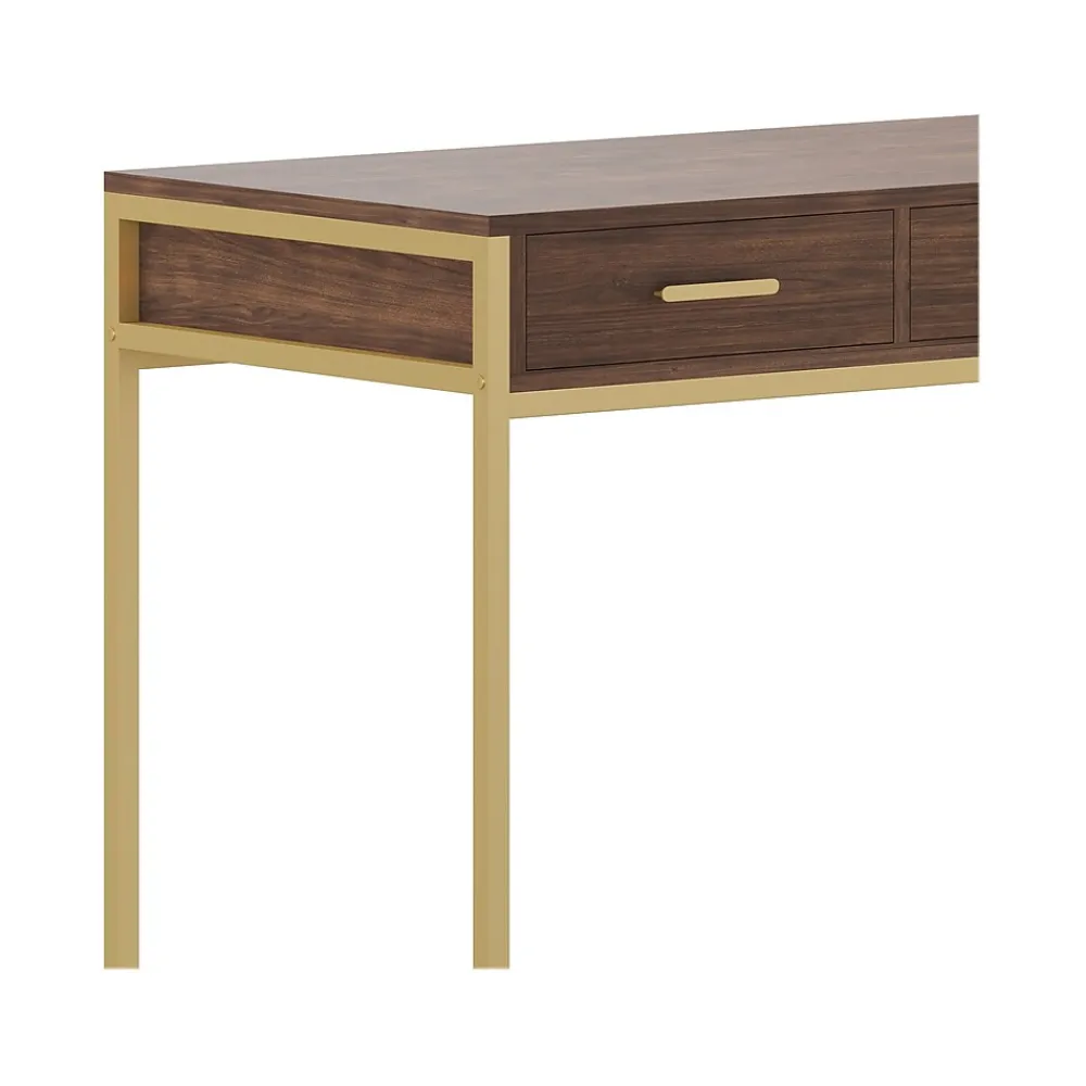Office Desks*Martha Stewart Ollie 47"W Home Office Desk with 3 Drawers, Walnut/Polished Brass (ZGZP028BRGLD)
