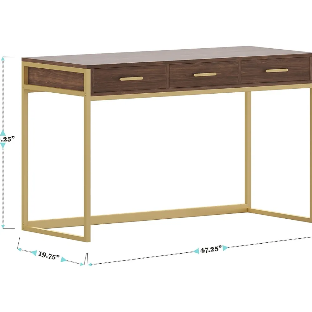 Office Desks*Martha Stewart Ollie 47"W Home Office Desk with 3 Drawers, Walnut/Polished Brass (ZGZP028BRGLD)