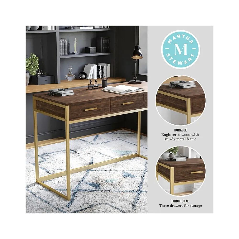 Office Desks*Martha Stewart Ollie 47"W Home Office Desk with 3 Drawers, Walnut/Polished Brass (ZGZP028BRGLD)