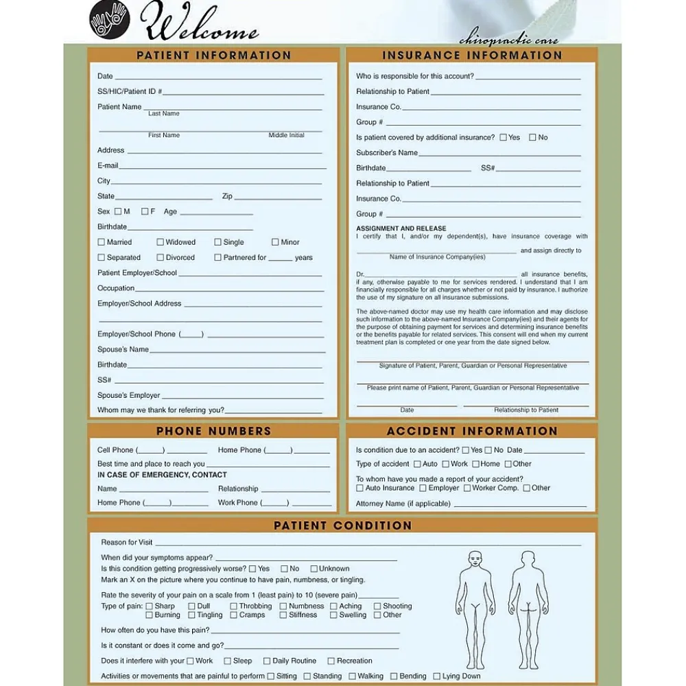 Medical Forms*Medical Arts Press ® Chiropractic Registration and History Form; Hand