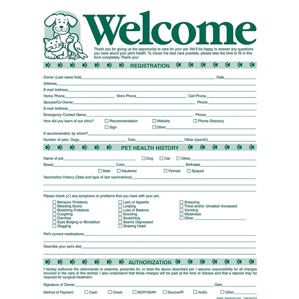 Medical Forms*Medical Arts Press ® Welcome Registration Form, Pets at Left
