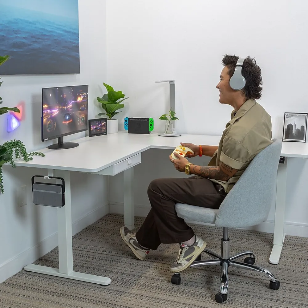 Standing Desks*Mount-It! 63"W Electric L-Shaped Corner Adjustable Standing Desk, White/White (MI-15011)